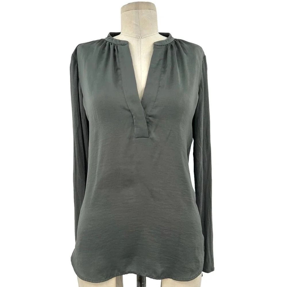 Vince Split Neck Dusty Olive Long Sleeve Satin Jersey Blouse Size Small